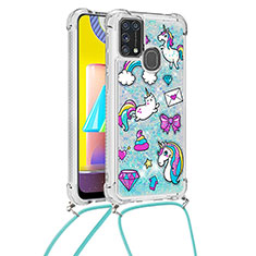 Coque Silicone Housse Etui Gel Bling-Bling avec Laniere Strap S02 pour Samsung Galaxy M31 Bleu Ciel