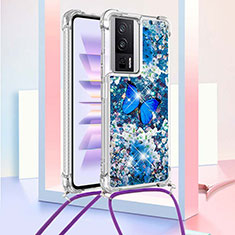 Coque Silicone Housse Etui Gel Bling-Bling avec Laniere Strap S02 pour Xiaomi Redmi K60 5G Bleu