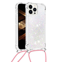 Coque Silicone Housse Etui Gel Bling-Bling avec Laniere Strap S03 pour Apple iPhone 13 Pro Argent