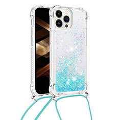 Coque Silicone Housse Etui Gel Bling-Bling avec Laniere Strap S03 pour Apple iPhone 13 Pro Bleu Ciel