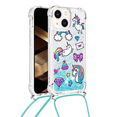 Coque Silicone Housse Etui Gel Bling-Bling avec Laniere Strap S03 pour Apple iPhone 14 Bleu Clair