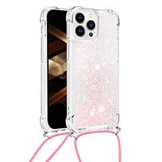 Coque Silicone Housse Etui Gel Bling-Bling avec Laniere Strap S03 pour Apple iPhone 14 Pro Max Rose