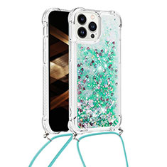 Coque Silicone Housse Etui Gel Bling-Bling avec Laniere Strap S03 pour Apple iPhone 14 Pro Max Vert