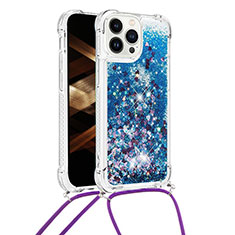 Coque Silicone Housse Etui Gel Bling-Bling avec Laniere Strap S03 pour Apple iPhone 15 Pro Bleu