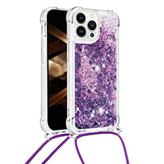 Coque Silicone Housse Etui Gel Bling-Bling avec Laniere Strap S03 pour Apple iPhone 15 Pro Violet