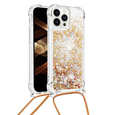 Coque Silicone Housse Etui Gel Bling-Bling avec Laniere Strap S03 pour Apple iPhone 16 Pro Max Or