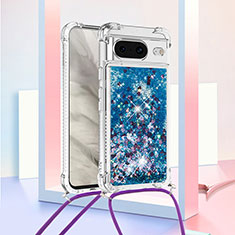 Coque Silicone Housse Etui Gel Bling-Bling avec Laniere Strap S03 pour Google Pixel 8 5G Bleu