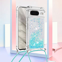 Coque Silicone Housse Etui Gel Bling-Bling avec Laniere Strap S03 pour Google Pixel 8 5G Bleu Ciel