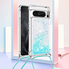 Coque Silicone Housse Etui Gel Bling-Bling avec Laniere Strap S03 pour Google Pixel 8 Pro 5G Bleu Ciel