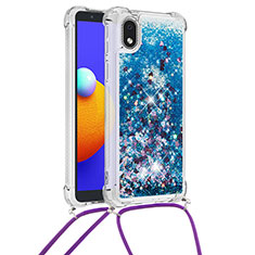 Coque Silicone Housse Etui Gel Bling-Bling avec Laniere Strap S03 pour Samsung Galaxy A01 Core Bleu