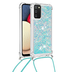 Coque Silicone Housse Etui Gel Bling-Bling avec Laniere Strap S03 pour Samsung Galaxy A03s Bleu Ciel