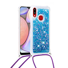 Coque Silicone Housse Etui Gel Bling-Bling avec Laniere Strap S03 pour Samsung Galaxy A10s Bleu