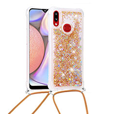 Coque Silicone Housse Etui Gel Bling-Bling avec Laniere Strap S03 pour Samsung Galaxy A10s Or