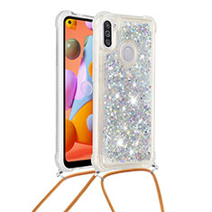 Coque Silicone Housse Etui Gel Bling-Bling avec Laniere Strap S03 pour Samsung Galaxy A11 Argent