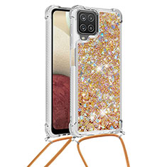 Coque Silicone Housse Etui Gel Bling-Bling avec Laniere Strap S03 pour Samsung Galaxy A12 Or