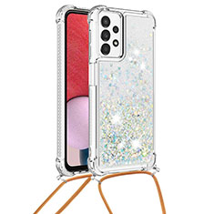 Coque Silicone Housse Etui Gel Bling-Bling avec Laniere Strap S03 pour Samsung Galaxy A13 4G Argent