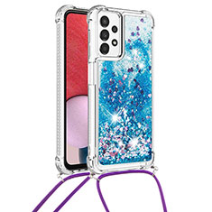 Coque Silicone Housse Etui Gel Bling-Bling avec Laniere Strap S03 pour Samsung Galaxy A13 4G Bleu