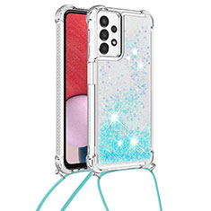 Coque Silicone Housse Etui Gel Bling-Bling avec Laniere Strap S03 pour Samsung Galaxy A13 4G Bleu Ciel