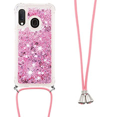 Coque Silicone Housse Etui Gel Bling-Bling avec Laniere Strap S03 pour Samsung Galaxy A20e Rouge