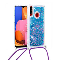 Coque Silicone Housse Etui Gel Bling-Bling avec Laniere Strap S03 pour Samsung Galaxy A20s Bleu