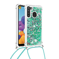 Coque Silicone Housse Etui Gel Bling-Bling avec Laniere Strap S03 pour Samsung Galaxy A21 Vert