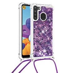 Coque Silicone Housse Etui Gel Bling-Bling avec Laniere Strap S03 pour Samsung Galaxy A21 Violet