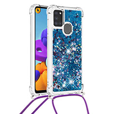 Coque Silicone Housse Etui Gel Bling-Bling avec Laniere Strap S03 pour Samsung Galaxy A21s Bleu