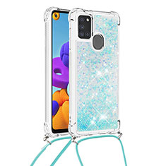 Coque Silicone Housse Etui Gel Bling-Bling avec Laniere Strap S03 pour Samsung Galaxy A21s Bleu Ciel