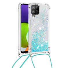 Coque Silicone Housse Etui Gel Bling-Bling avec Laniere Strap S03 pour Samsung Galaxy A22 4G Bleu Ciel