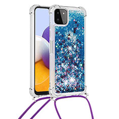 Coque Silicone Housse Etui Gel Bling-Bling avec Laniere Strap S03 pour Samsung Galaxy A22 5G Bleu