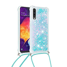 Coque Silicone Housse Etui Gel Bling-Bling avec Laniere Strap S03 pour Samsung Galaxy A30S Bleu Ciel