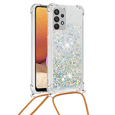 Coque Silicone Housse Etui Gel Bling-Bling avec Laniere Strap S03 pour Samsung Galaxy A32 4G Argent