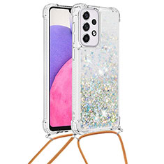 Coque Silicone Housse Etui Gel Bling-Bling avec Laniere Strap S03 pour Samsung Galaxy A33 5G Argent