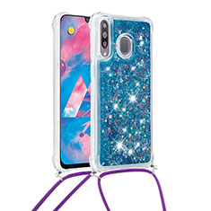 Coque Silicone Housse Etui Gel Bling-Bling avec Laniere Strap S03 pour Samsung Galaxy A40s Bleu