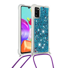 Coque Silicone Housse Etui Gel Bling-Bling avec Laniere Strap S03 pour Samsung Galaxy A41 Bleu