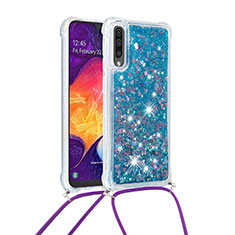 Coque Silicone Housse Etui Gel Bling-Bling avec Laniere Strap S03 pour Samsung Galaxy A50 Bleu