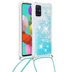 Coque Silicone Housse Etui Gel Bling-Bling avec Laniere Strap S03 pour Samsung Galaxy A51 5G Bleu Ciel