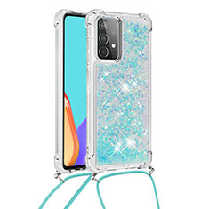 Coque Silicone Housse Etui Gel Bling-Bling avec Laniere Strap S03 pour Samsung Galaxy A52 4G Bleu Ciel