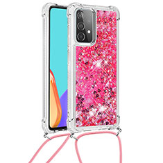 Coque Silicone Housse Etui Gel Bling-Bling avec Laniere Strap S03 pour Samsung Galaxy A52 4G Rose Rouge