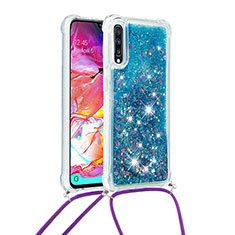 Coque Silicone Housse Etui Gel Bling-Bling avec Laniere Strap S03 pour Samsung Galaxy A70 Bleu