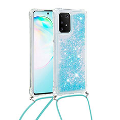 Coque Silicone Housse Etui Gel Bling-Bling avec Laniere Strap S03 pour Samsung Galaxy A91 Bleu Ciel