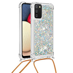 Coque Silicone Housse Etui Gel Bling-Bling avec Laniere Strap S03 pour Samsung Galaxy F02S SM-E025F Argent