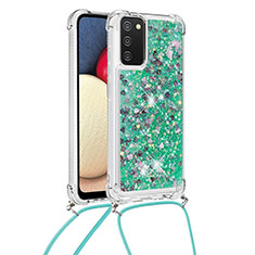 Coque Silicone Housse Etui Gel Bling-Bling avec Laniere Strap S03 pour Samsung Galaxy F02S SM-E025F Vert