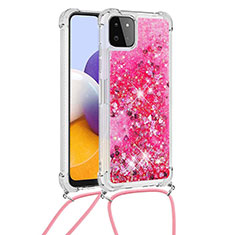 Coque Silicone Housse Etui Gel Bling-Bling avec Laniere Strap S03 pour Samsung Galaxy F42 5G Rose Rouge