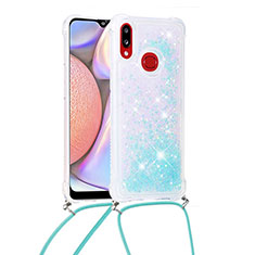 Coque Silicone Housse Etui Gel Bling-Bling avec Laniere Strap S03 pour Samsung Galaxy M01s Bleu Ciel