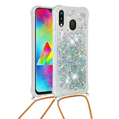 Coque Silicone Housse Etui Gel Bling-Bling avec Laniere Strap S03 pour Samsung Galaxy M20 Argent