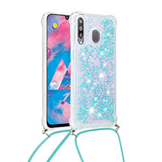 Coque Silicone Housse Etui Gel Bling-Bling avec Laniere Strap S03 pour Samsung Galaxy M30 Bleu Ciel