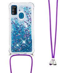 Coque Silicone Housse Etui Gel Bling-Bling avec Laniere Strap S03 pour Samsung Galaxy M30s Bleu