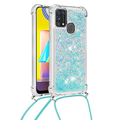 Coque Silicone Housse Etui Gel Bling-Bling avec Laniere Strap S03 pour Samsung Galaxy M31 Bleu Ciel