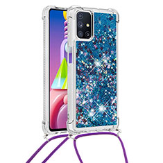 Coque Silicone Housse Etui Gel Bling-Bling avec Laniere Strap S03 pour Samsung Galaxy M51 Bleu